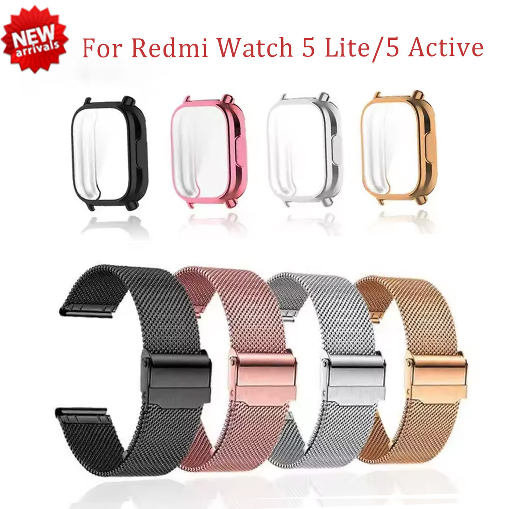 กรณี + โลหะแม่เหล็กสําหรับ Xiaomi Redmi นาฬิกา 5 Active 5 Lite สายคล้องสร้อยข้อมือสแตนเลสสําหรับ Mi Watch 5 3 Active Lite ป้องกันหน้าจอฟิล์มอุปกรณ์เสริม