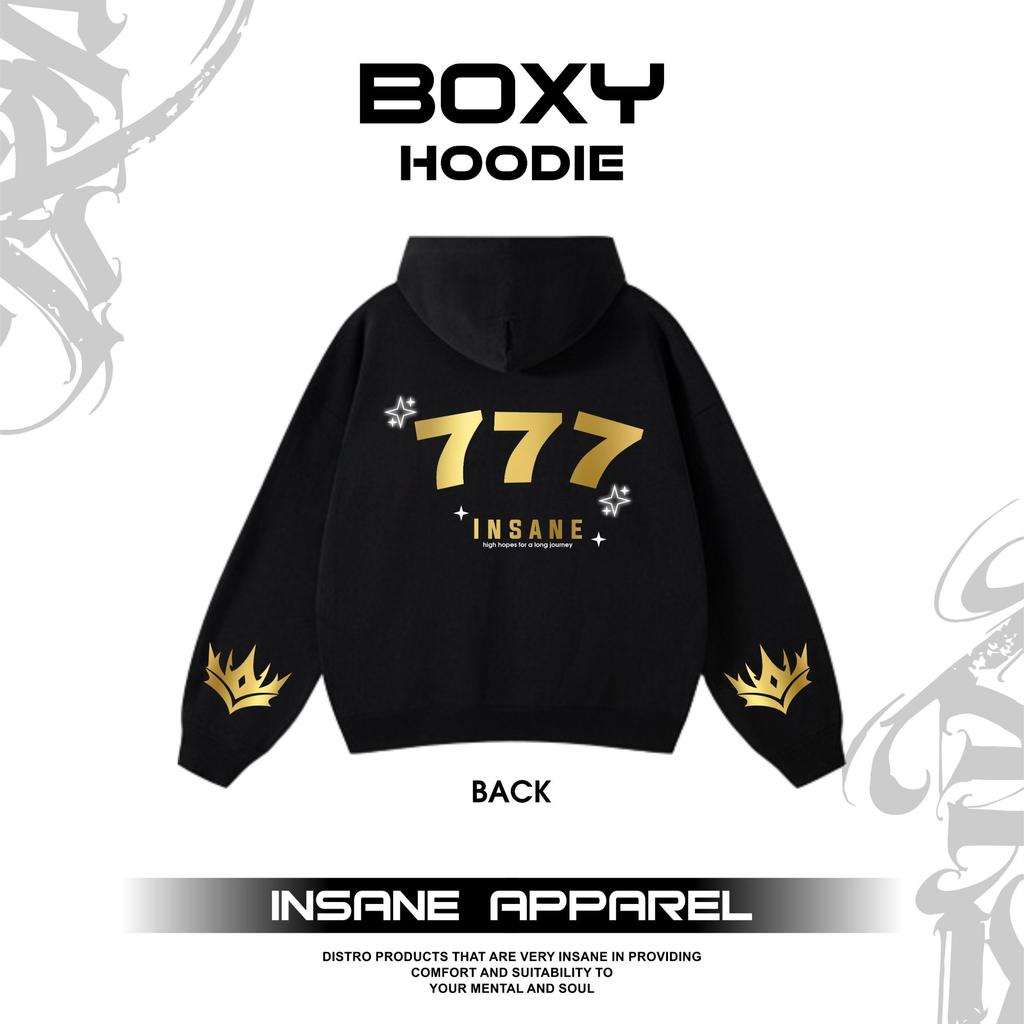 INSANE.CO ปกติ Oversize Boxy Hoodie เสื้อแจ็คเก็ตสะท้อนแสงฟอยล์หน้าจอพิมพ์ออกแบบล่าสุด 777 High Hope