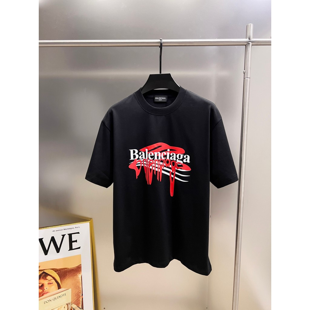 BALENCIAGA/BALENCIAGA ต้นฤดูใบไม้ผลิสไตล์ใหม่เสื้อยืดแขนสั้นชายหญิงคู่สไตล์รอบคอ Slim-Fit Raglan แขน