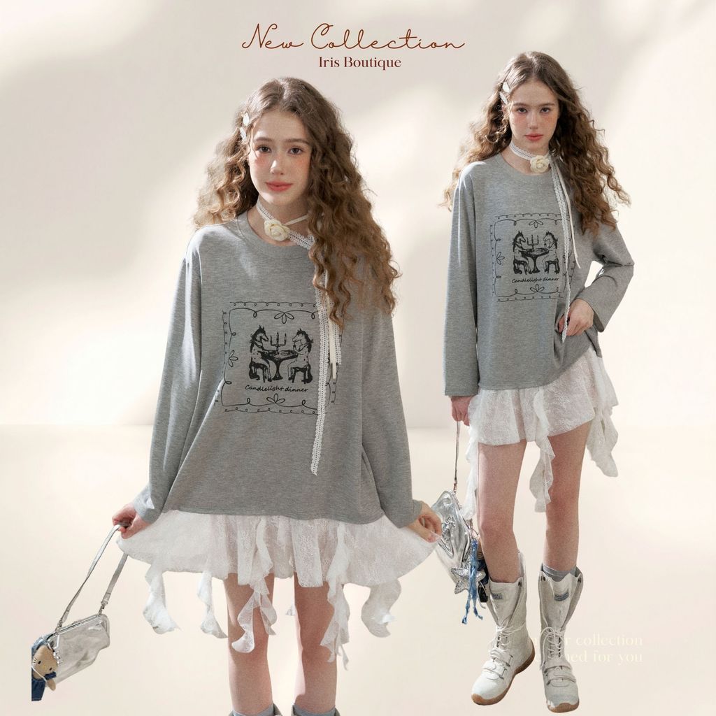 Original Design IRIS BOUTIQUE26ssTrims seriesID73804_greyGraphic Lace Layered Long Sleeve Topเสื้อแขนยาวพิมพ์ลายด้านหน้า