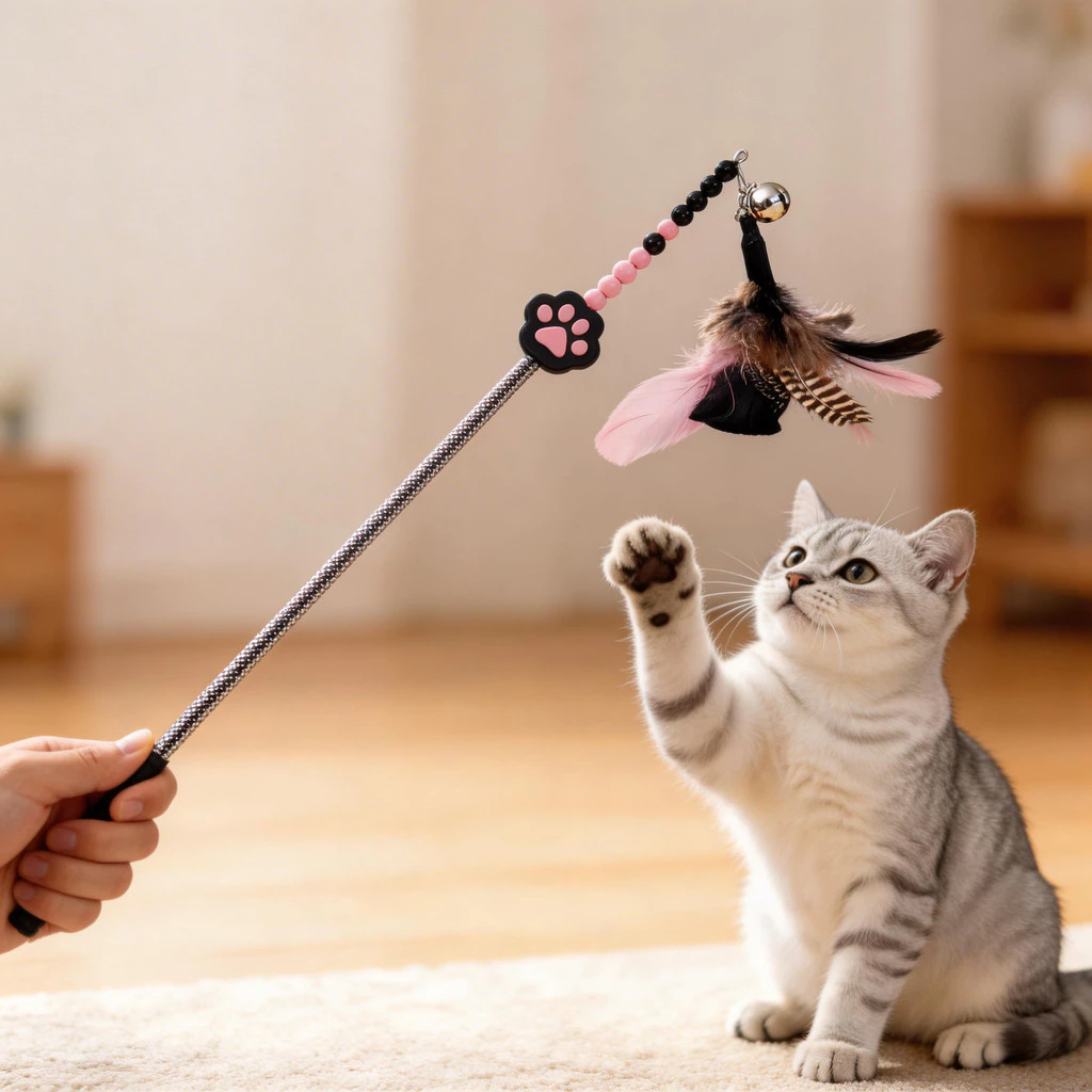 การออกแบบรอยเท้าน่ารัก Feather Teasing Cat Rod Stick ของเล่น Interactive Teaser สําหรับลูกแมว