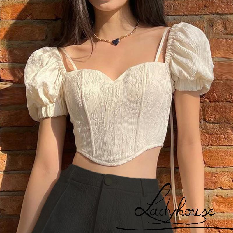 (จัดส่งในกรุงเทพฯ)-เสื้อครอป sweetheart neck พวงแขนสั้น มัดย้อมสำหรับสตรีวัยหนุ่มสาว
