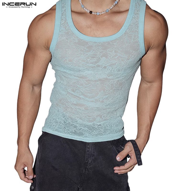 INCERUN ผู้ชายเกาหลี Streetwear Casual Party ลูกเรือคอแขนกุดลูกไม้ Jacquard Sheer Tanks