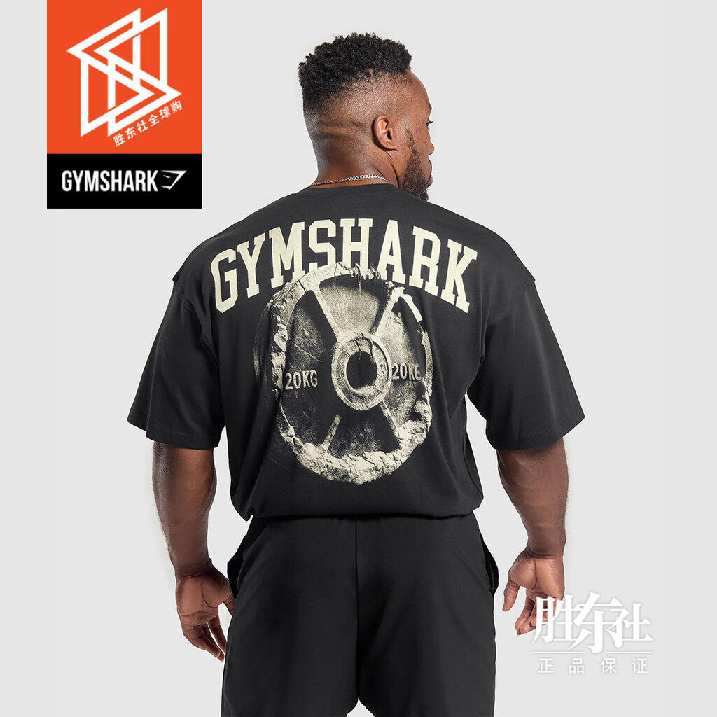 แฟชั่นNew GYMSHARK IRON PLATE Printed T-Shirt Men's Fitness Sports 100% Cotton Loose High Quality Sh