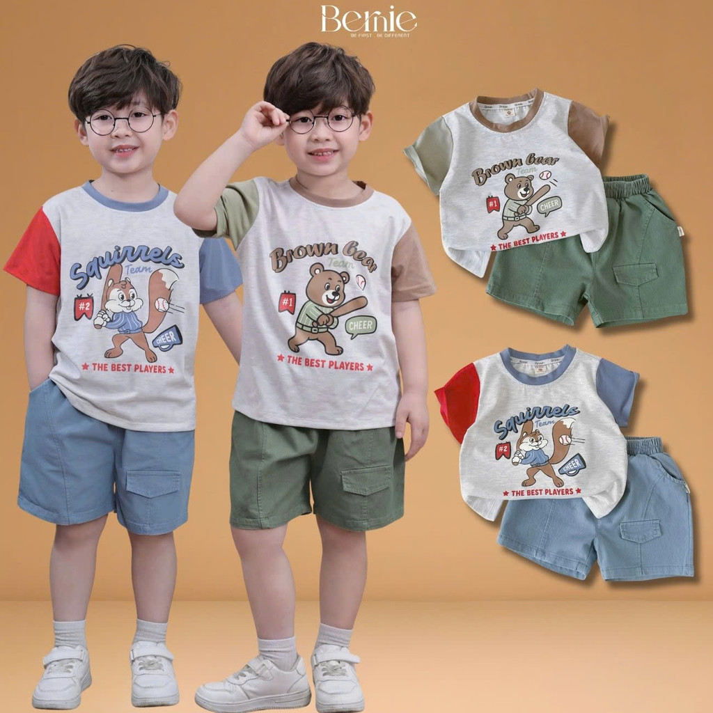 ชุดแขนสั้นกับกางเกงขาสั้น Squirrel and Bear motifs และสีกากีสําหรับเด็กผู้ชาย 9 ถึง 28kg BERNIE H102