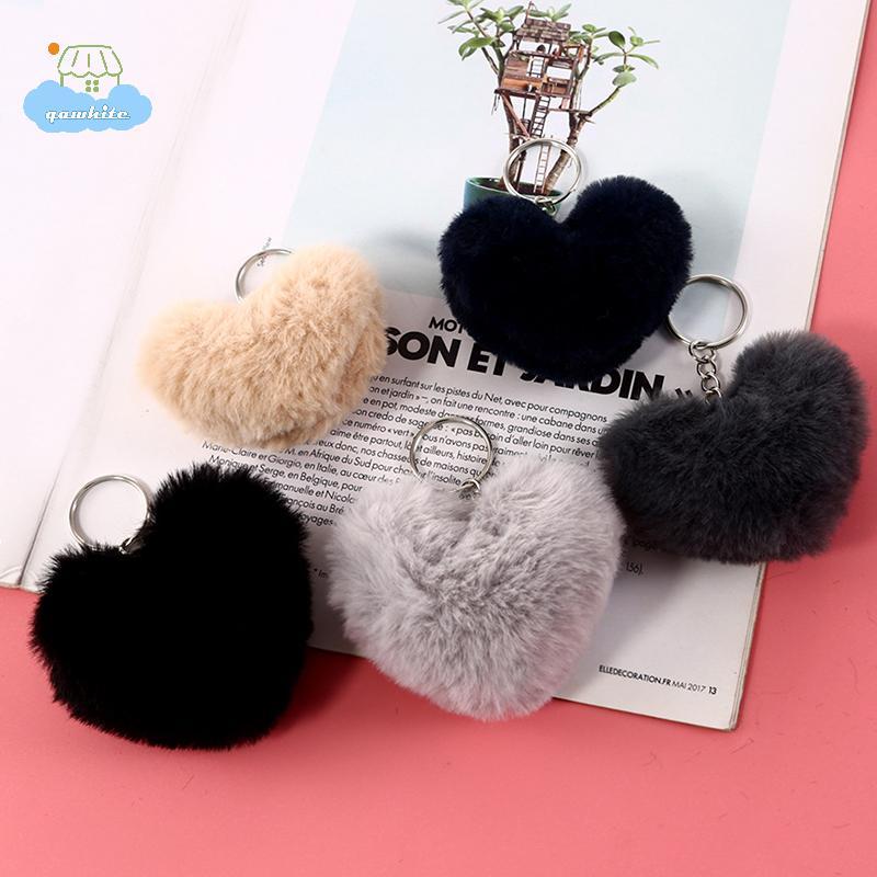 [LI] 8 ซม.Fluffy pom พวงกุญแจสําหรับผู้หญิงรูปหัวใจนุ่ม Pompon กระต่ายปลอม Key Chain Ball รถกระเป๋าอ