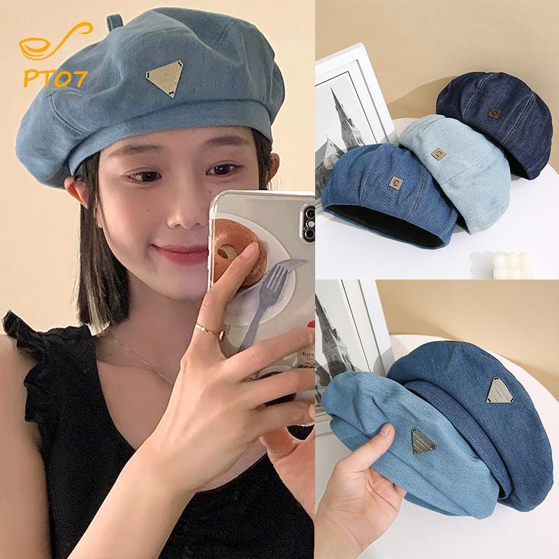 Pengatao07 Denim Beret ผู้หญิงบางธรรมดาแปดเหลี่ยม Newsboy หมวก Retro Internet คนดังสุภาพสตรีจิตรกร T