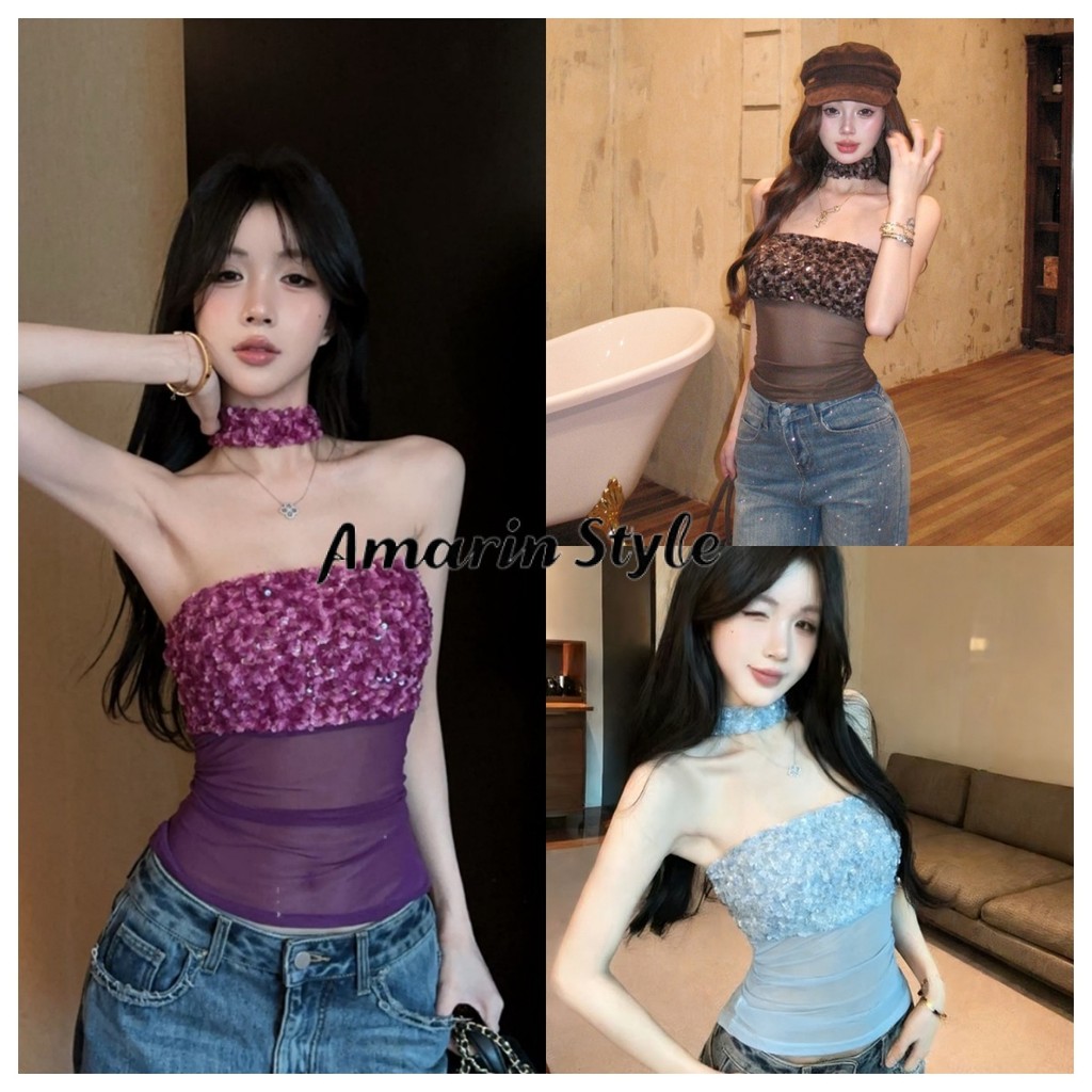 Amarin🌸พร้อมส่ง🌸  เสื้อเกาะอก ซีทรู มีซับ-in ดีเทลดอกไม้ แถมปลอกคอ เข้ารูปFY6192