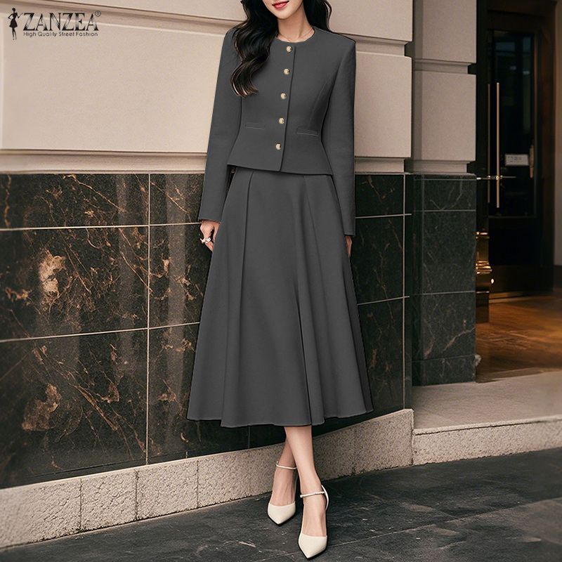 ZANZEA ผู้หญิงเกาหลี Elegant Office OL คอกลมแขนยาวกลับเอวยางยืด A-Line ชุดสองชิ้น — صورة 4
