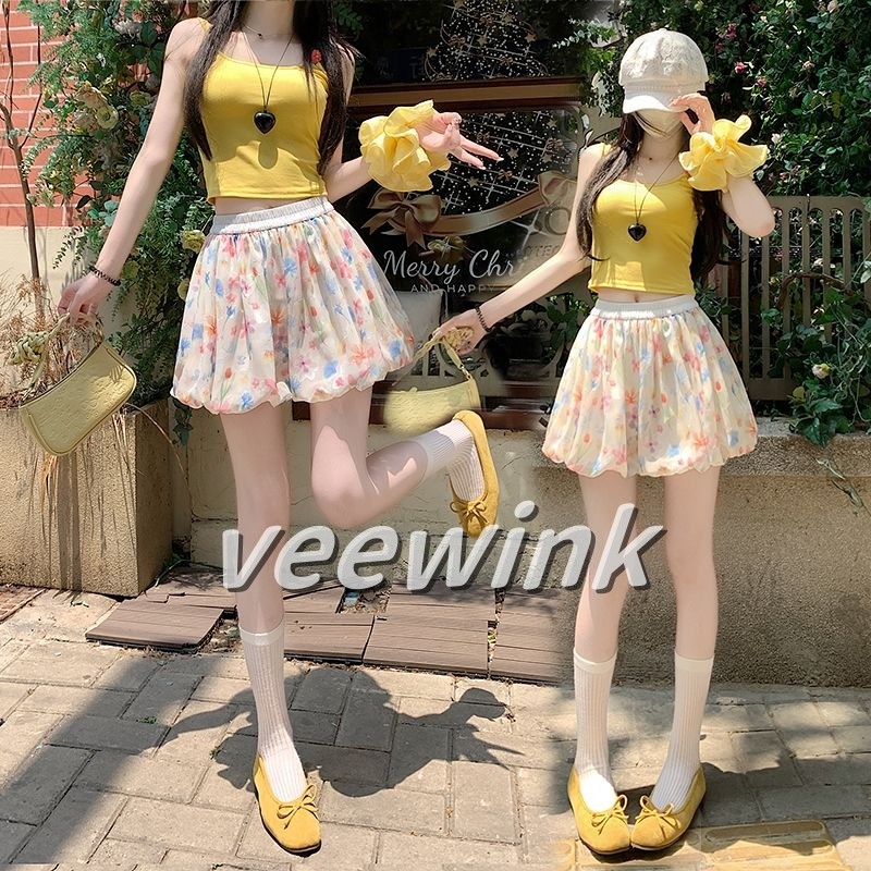 Veewink กางเกงขาสั้นลายดอกไม้เอวสูง ทรงบาน ลดน้ำหนัก สาวตัวเล็กใส่ปัง สีสันสดใส เนื้อผ้าบางเบา กันแดด ลำลอง