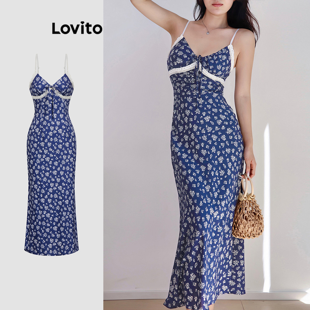 Lovito เดรส จับเดรป แต่งแถบสีตัดกัน ลายดอกไม้ สไตล์แคชชวล สำหรับผู้หญิง L114AD411