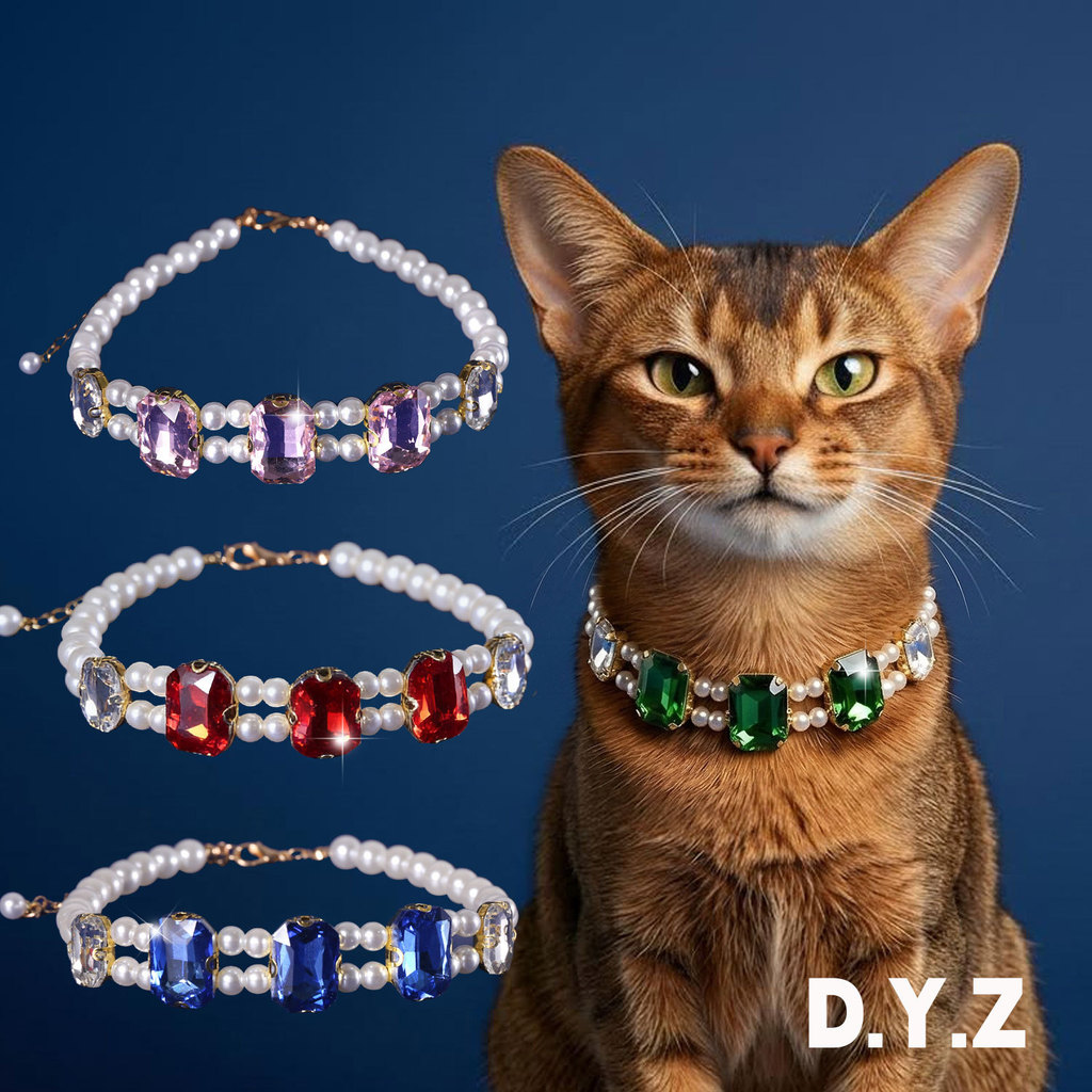 2026 Abi Cat Pearl Collar อัญมณี Rhinestone สร้อยคอสัตว์เลี้ยงหรูหราเครื่องประดับแมวแต่งตัวอุปกรณ์เส