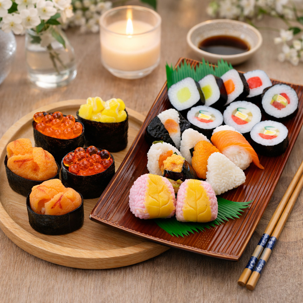 ซูชิ ปลอม อาหารญี่ปุ่นปลอม ซูชิไข่ปลา ซูชิไข่หอยเม่น ซูชิข้าวโพด เหมือนจริง สําหรับตกแต่งร้านค้า แต่งบ้าน พร๊อพถ่ายรูป