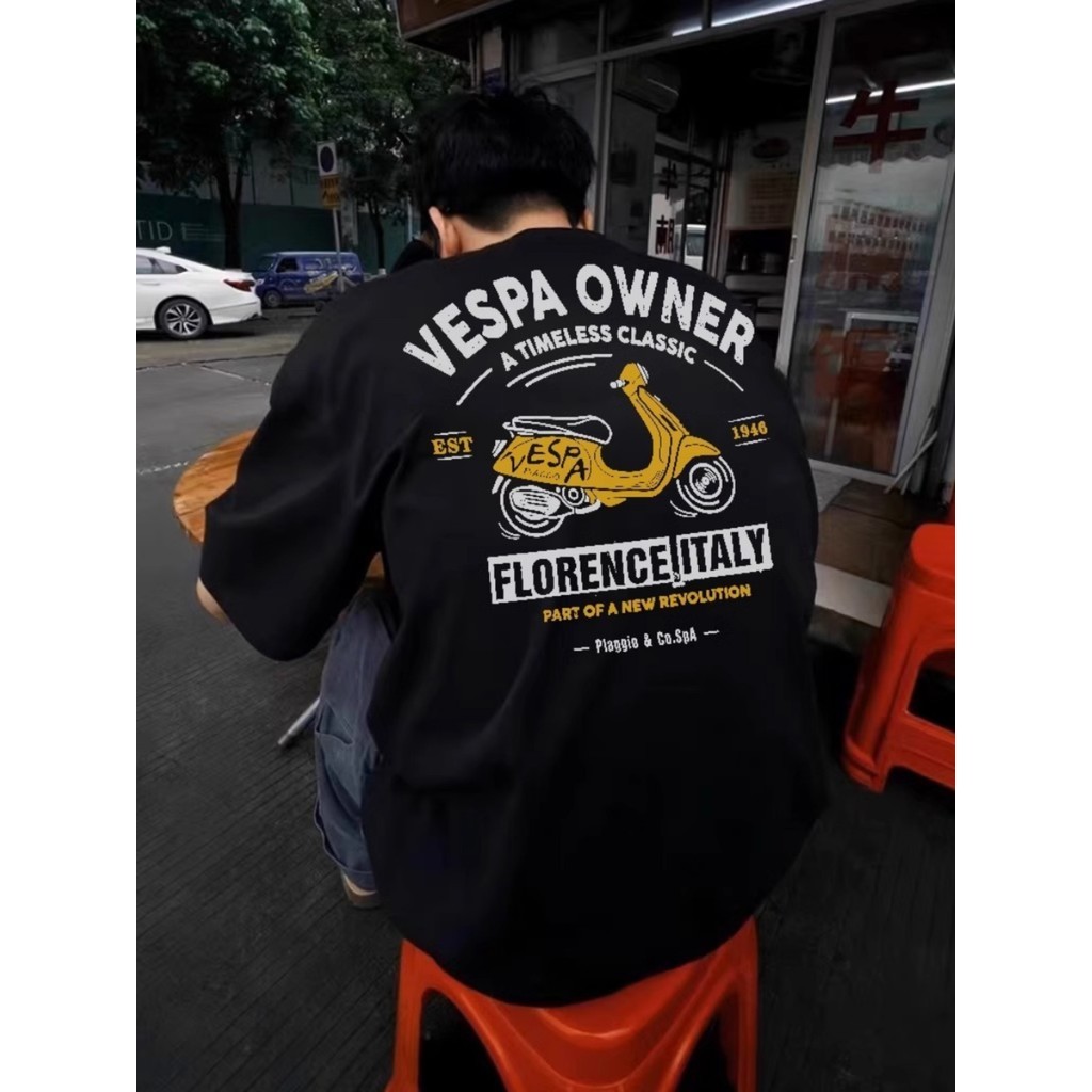 เสื้อยืดแขนสั้นผ้าฝ้ายหนาพิมพ์ลายเวสป้าสไตล์ย้อนยุคสำหรับผู้ชายและผู้หญิง สไตล์อเมริกัน หลวมๆ สบายๆ ฤดูร้อนS-5XL