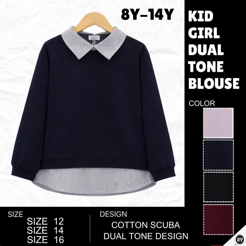 ZY KT3621 8Y-14Y เด็กสาววัยรุ่น Dual Tone Collar เสื้อด้านบนเสื้อชั้นคอ Budak Perempuan