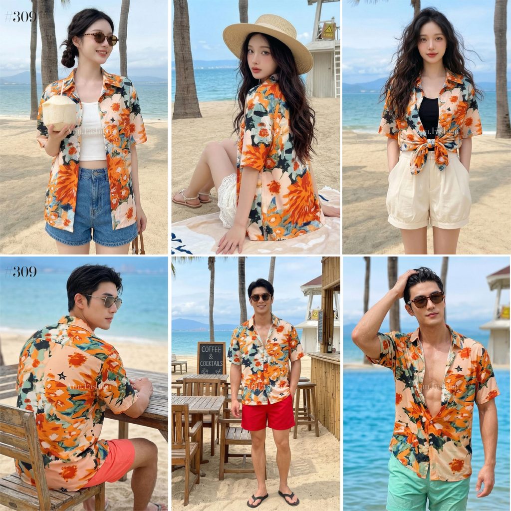 เสื้อสงกรานต์ ลายดอก เสื้อฮาวายผู้ชาย มีกระดุมหน้าใช้งานได้จริง เนื้อผ้าเย็นใส่สบาย ลื่นๆ สีสวยสดใส #309