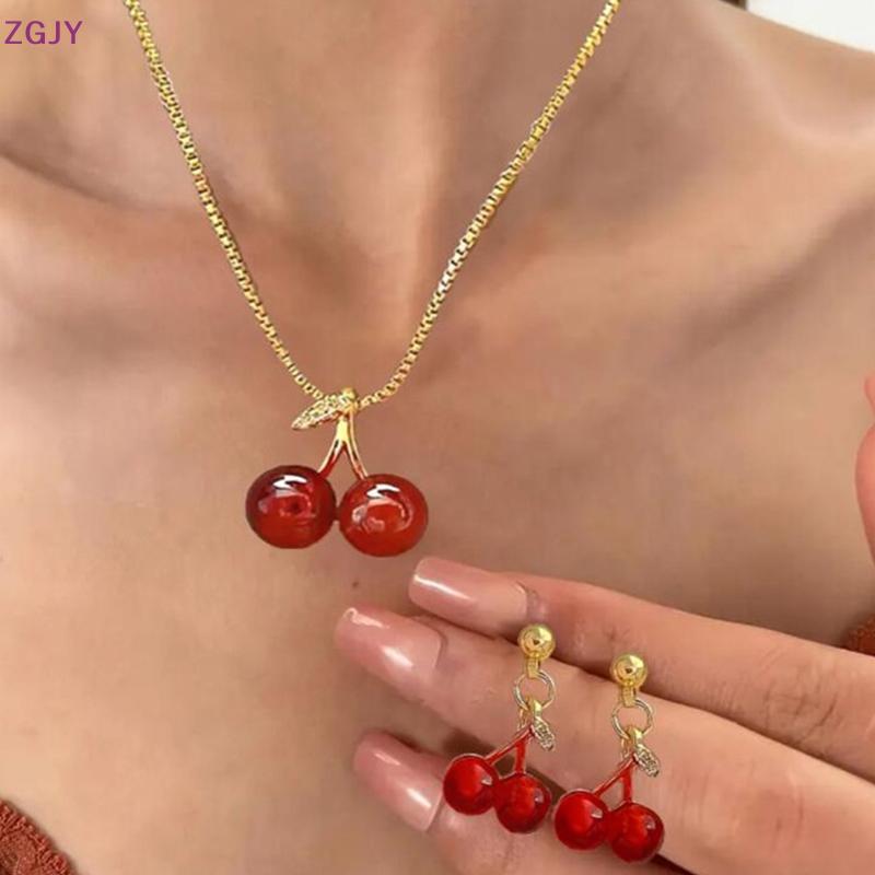 TEROK สีแดงเชอร์รี่จี้ Nelace ต่างหูสตั๊ดชุดแฟชั่นผู้หญิงผลไม้ Nelace ต่างหู Jewery ชุดสําหรับงานแต่