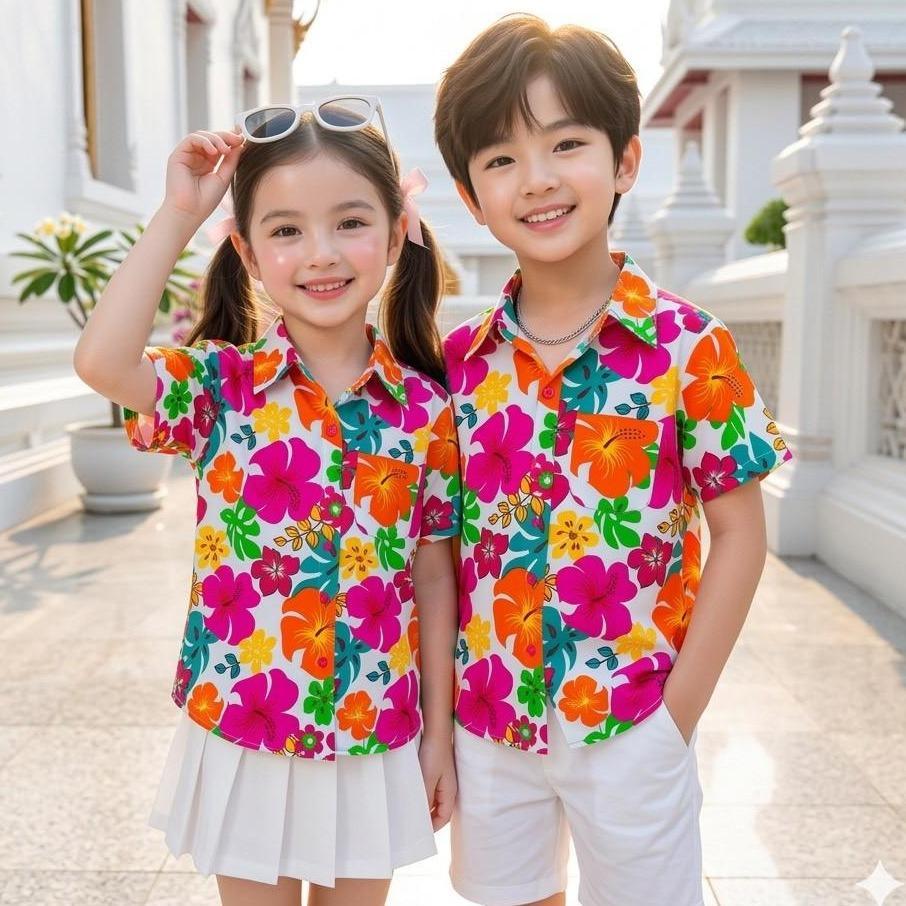 เสื้อสงกรานต์ลายดอกเด็กโต ผ้าคอตตอน100% สีไม่ตก ผ้าไม่หด 10-12ปี น้ำหนัก30-45kg สูง140-160cm รุ่น02