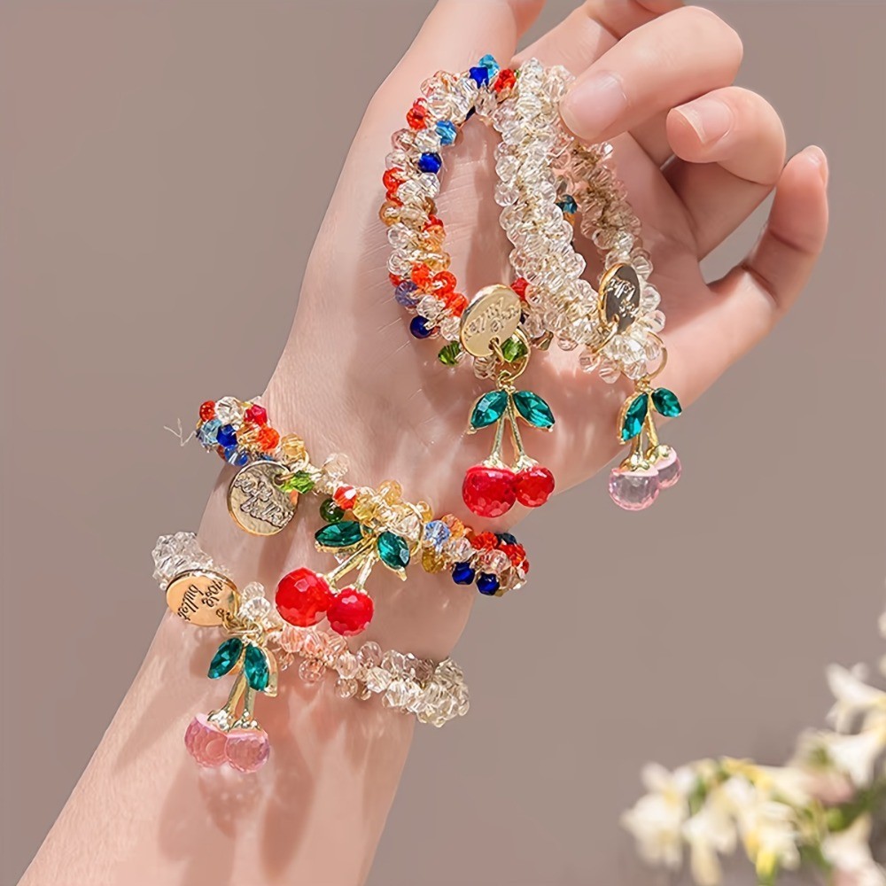 1/2ชิ้นที่มีสีสันคริสตัลเชอร์รี่เชือกผมหวาน พลอยเทียม แหวนผมยืดหยุ่นสูงคาดศีรษะสร้อยข้อมือคู่ใช้เอ็น หมวก