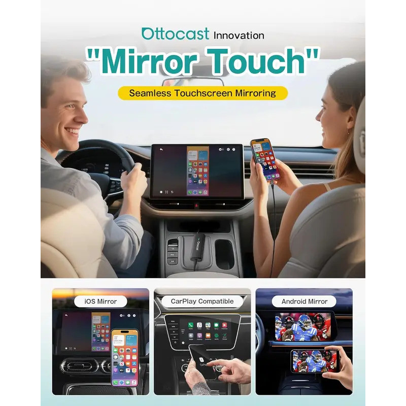 Ottocast Mirror Touch อะแดปเตอร์ CarPlay ไร้สายควบคุมแบบสองทิศทางอุปกรณ์เสริมในรถยนต์กล่องวิดีโอสําห