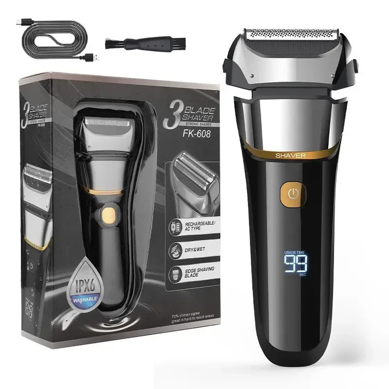 FK608 เครื่องโกนหนวดไฟฟ้าผู้ชาย 3 ใบมีดมีดโกน Sideburn Trimmer เครื่องโกนหนวดแบบลูกสูบไฟฟ้า Beard Tr