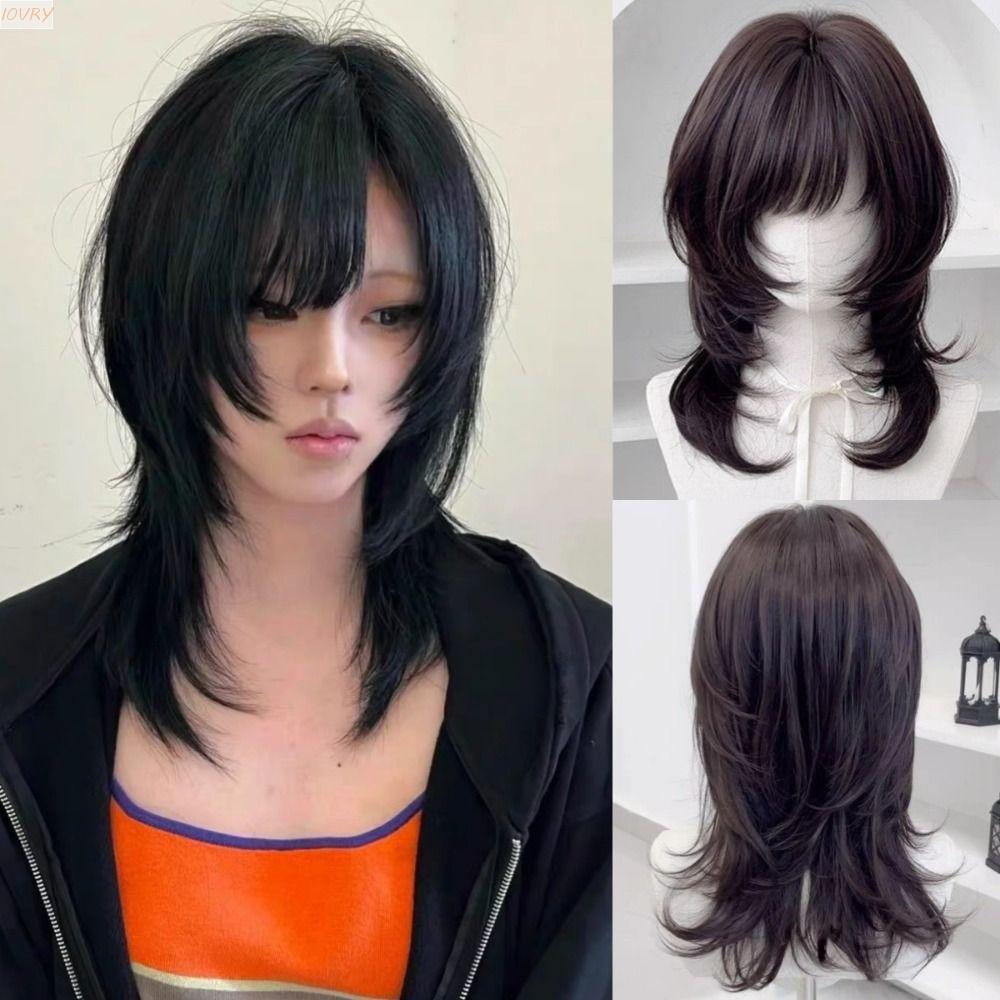 วิกผมตรงชั้น สังเคราะห์สีน้ำตาลและดำ ทรงWolf Cut Mullet เหมาะสำหรับการคอสเพลย์หรือสไตล์lolita