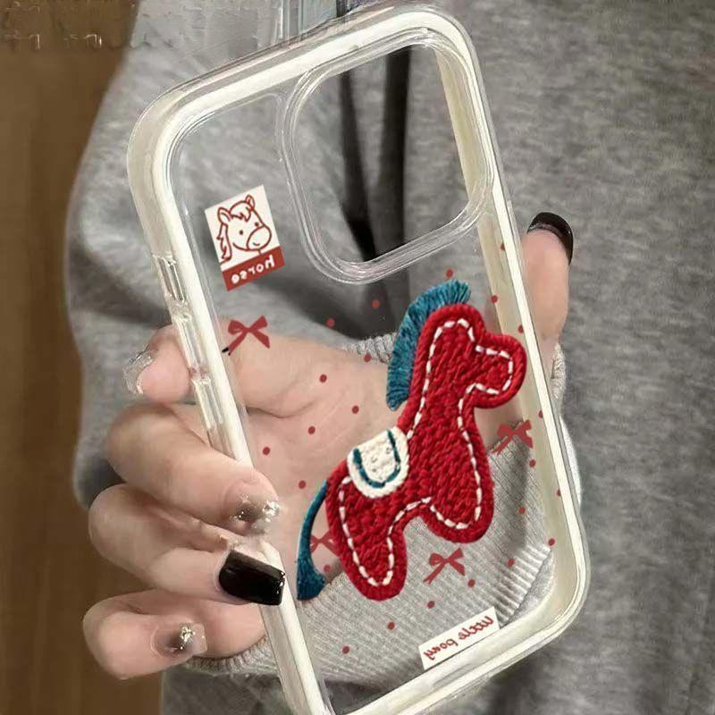 เคสป้องกันถุงลมนิรภัยสองสีพร้อมเย็บปักถักร้อยม้าปีใหม่เข้ากันได้กับ iPhone 16 Pro Max/15/17 Pro/14 P