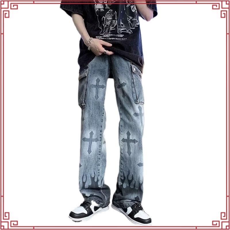 Breeze Jeans กางเกงยีนส์ผู้ชาย กางเกงลาย high street สไตล์เมกา ขากระบอกชาย ฮิปฮอป พิมพ์ลาย รงตรงหลวม