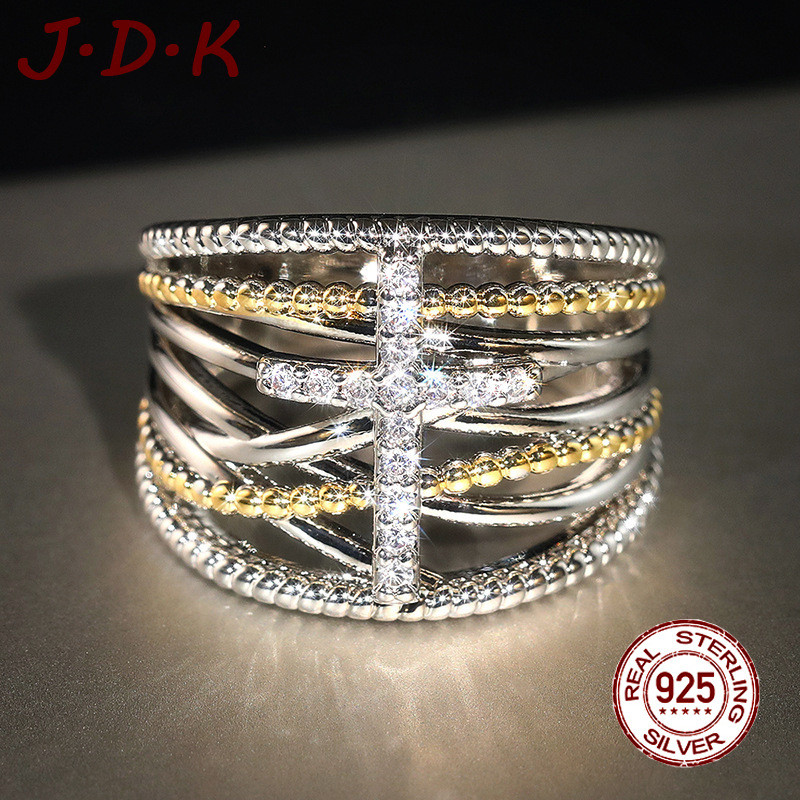 แหวนทูโทนทอง JDK 18K พร้อมการออกแบบข้ามซ้อนและข้าม
