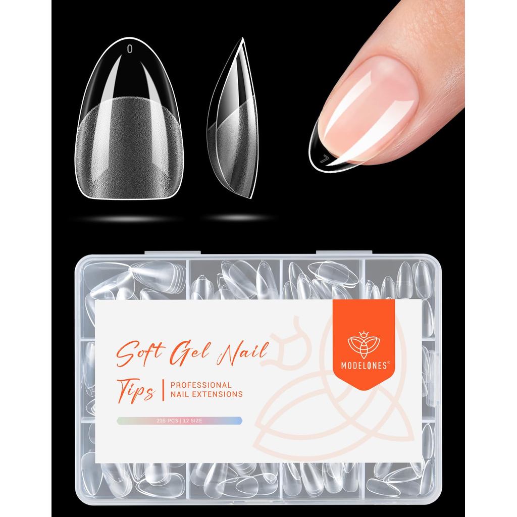 Modelones เล็บปลอม 216 ชิ้น 12 ไซส์ อัลมอนด์สั้นพิเศษ ใส บาง ใส่พอดี ทนทาน ชุดเล็บปลอม DIY เจล
