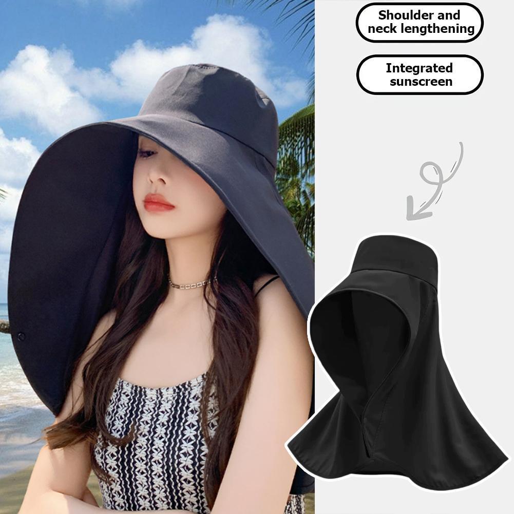 หมวกกันแดดปีกกว้างของผู้หญิงพร้อมผ้าคลุมป้องกันคอผ้าฝ้ายไม่ยืดหยุ่นคลุมผ้าคลุมไหล่หมวก P7w2