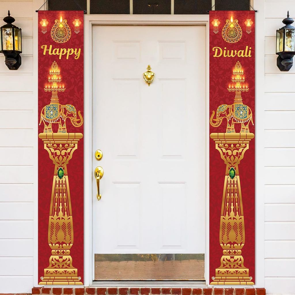 Happy Diwali แบนเนอร์ตกแต่ง Diwali แบนเนอร์ประตู Porch ป้ายยินดีต้อนรับ Diwali ฉากหลัง Deepawali เทศ