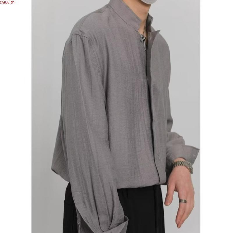 NHYGSV เสื้อเชิ้ตแขนยาวผู้ชาย ผ้าลินินระบายอากาศได้ดี มี 3 สี ทรงหลวม คอปกตั้ง [B436]