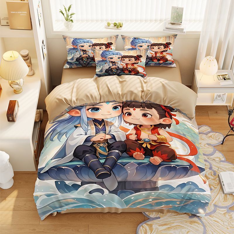 数码印花Q版哪吒敖丙柔软亲肤四套童趣图案四季通用宿舍床品3-29Digitally Printed Q-version Nezha and Ao B Soft and Skin-friendly Fo