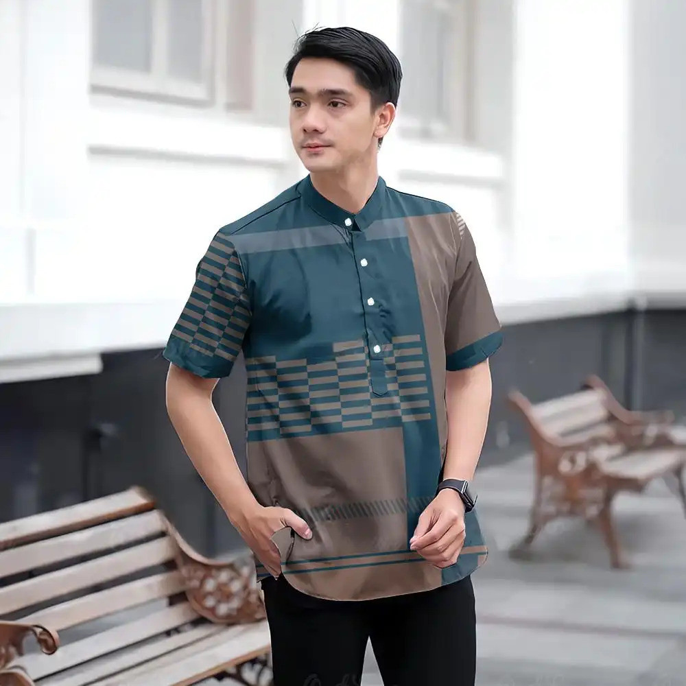 เสื้อเชิ้ตผู้ชาย คอปกแขนสั้นหลวม พิมพ์ระเหิด 3 มิติ เหมาะสำหรับ Eid al Fitr