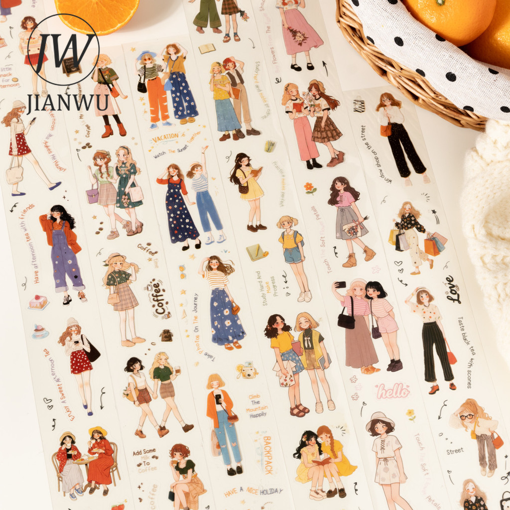 JIANWU สาวที่มีชุดกลิ่นสีส้มตัวละครน่ารักภูมิทัศน์วัสดุ Collage PET เทปสร้างสรรค์ DIY Journal เครื่องเขียน