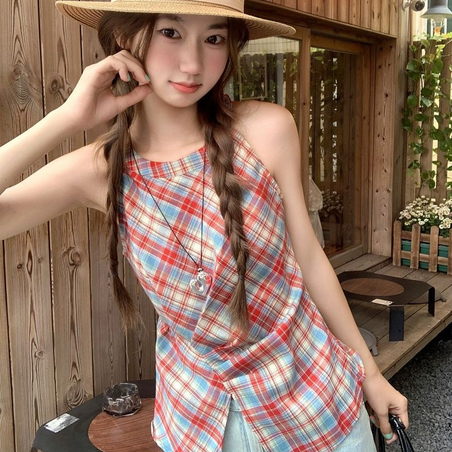 เสื้อแขนกุดสไตล์เกาหลีใหม่สำหรับผู้หญิง สีและลายสก๊อต พร้อมเชือกลากคอ 260330