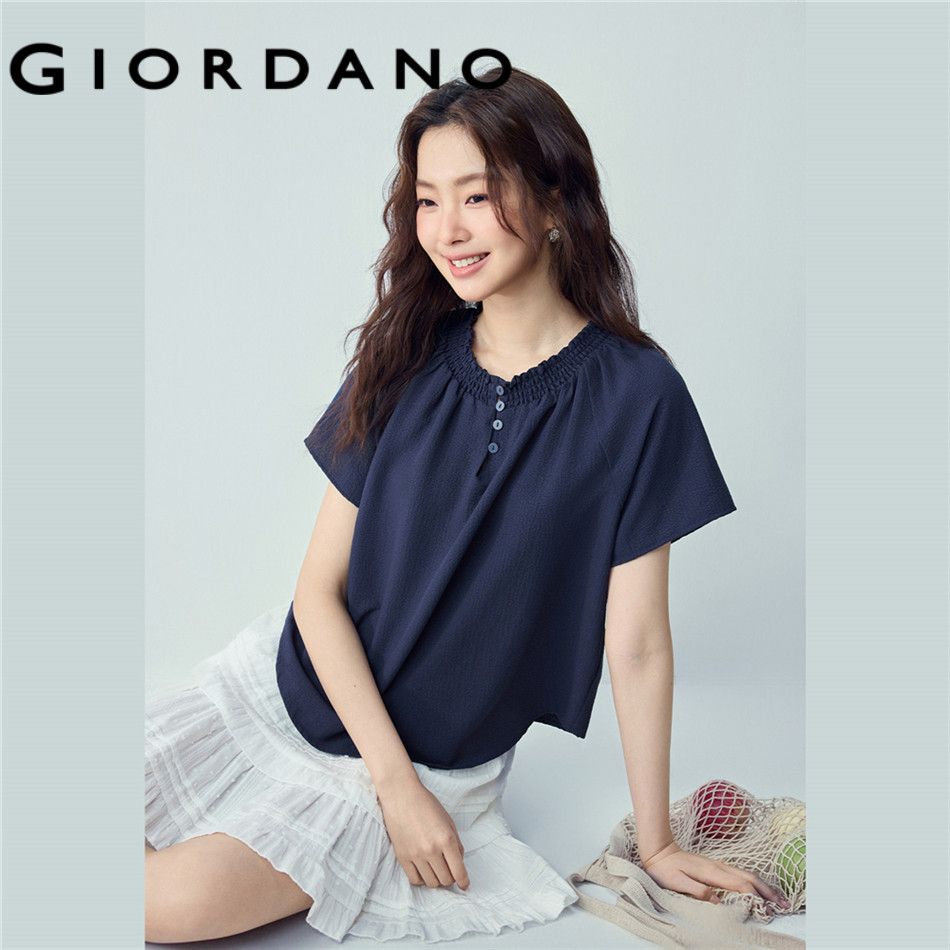 GIORDANO WOMEN Pleated and patched A-line collarless small cap sleeve woven shirt - High Quality 18346710