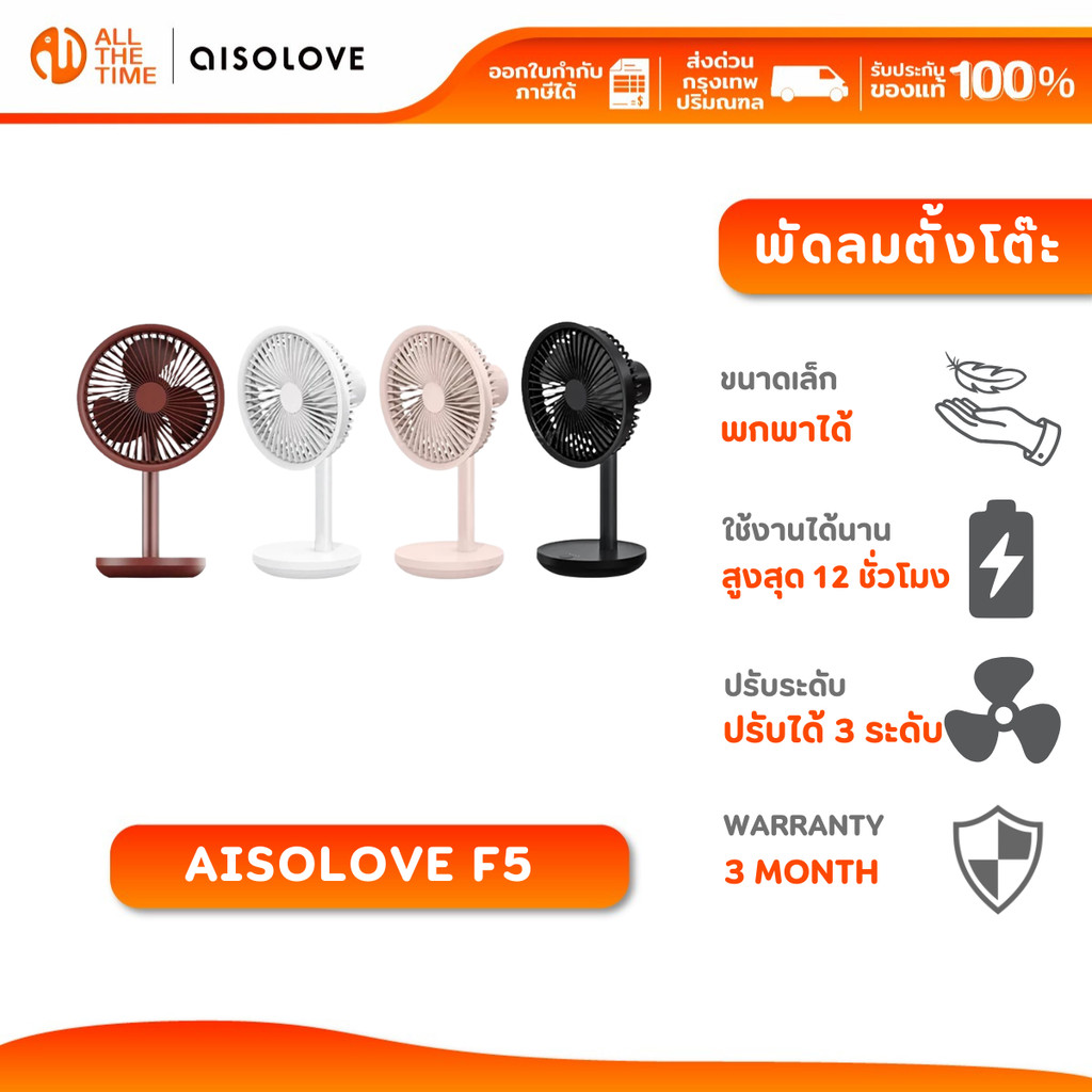AISOLOVE F5 Desktop Fan พัดลมตั้งโต๊ะแบตเตอรี่ 4000mAh ปรับแรงลม 3 ระดับ
