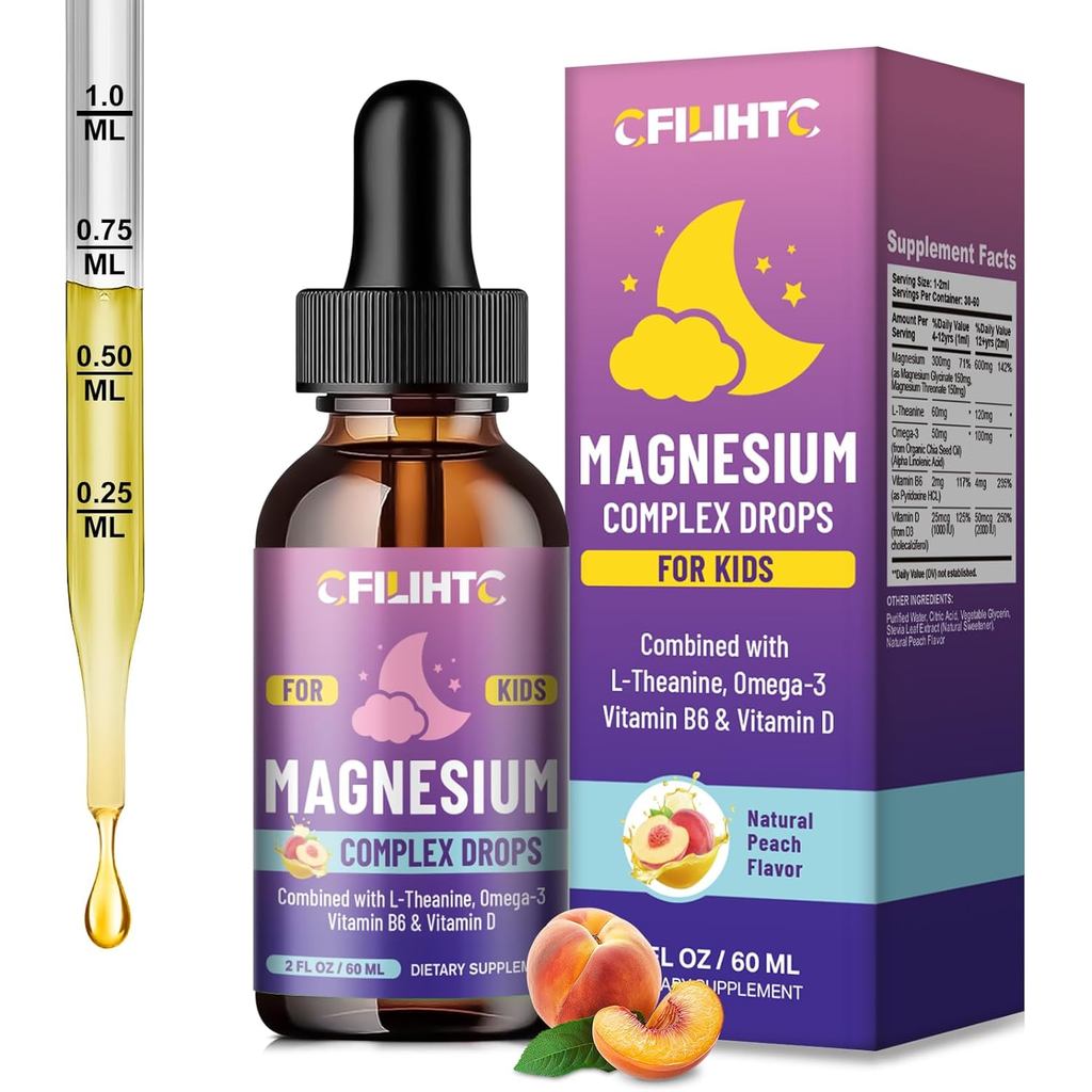 Kids Magnesium Liquid Drops-Magnesium Glycinate Liquid for Kids อาหารเสริม-w/L-theanine, Omega-3, วิ