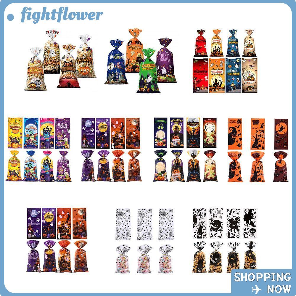 FIGHT Halloween Bags, 50pcs Plastic Favor Bag, Favor DIY Handmade Flat Mouth Pumpkin Ghost Bat Candy