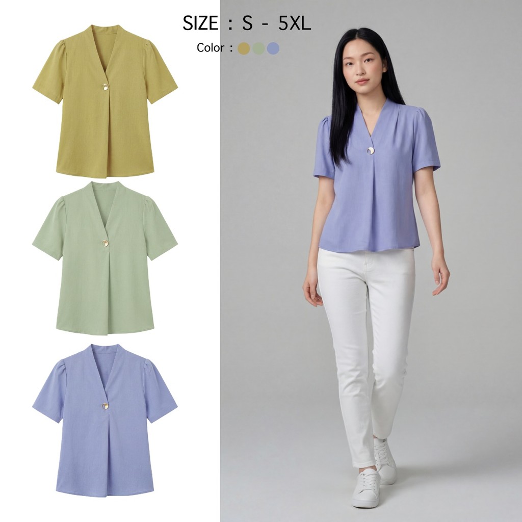 เสื้อเชิ้ตคอวีลึก แขนสั้น มีไซส์ S-5XL แต่งกระดุมหน้า 1 เม็ด ผ้าชีฟอง ลุคคุณหนูคุณใจ