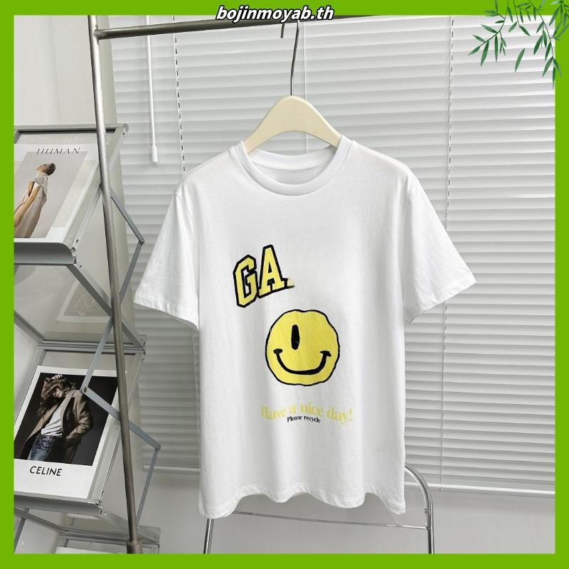 3PQA GANNI 2024 ฤดูใบไม้ผลิฤดูร้อนสไตล์ใหม่ตัวอักษรคลาสสิกสีเหลือง Distressed พิมพ์ยิ้มรอบคอหลวมแขนส