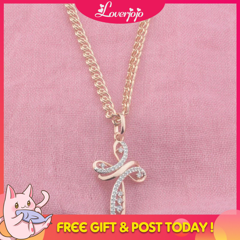 Loverjojo FJ ผู้หญิง 585 Rose Gold สีผีเสื้อรูปคริสตัล Cross จี้ Link Chain