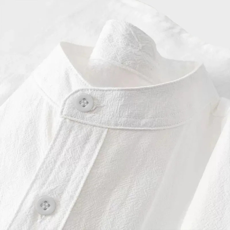 [chilala]เสื้อยืดผ้าฝ้ายผ้าลินินผู้ชายฤดูร้อน Henley คอสบายๆระบายอากาศน้ําหนักเบาสีทึบปุ่มกระเป๋าเสื