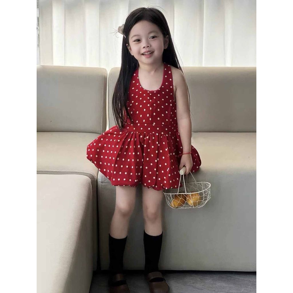 COD 2026 สาวเกาหลี 2025 ฤดูร้อนสไตล์ใหม่สีแดง Polka Dot ดอกไม้ Bud เสื้อกั๊กกระโปรงสาวน้อย Halter คอ