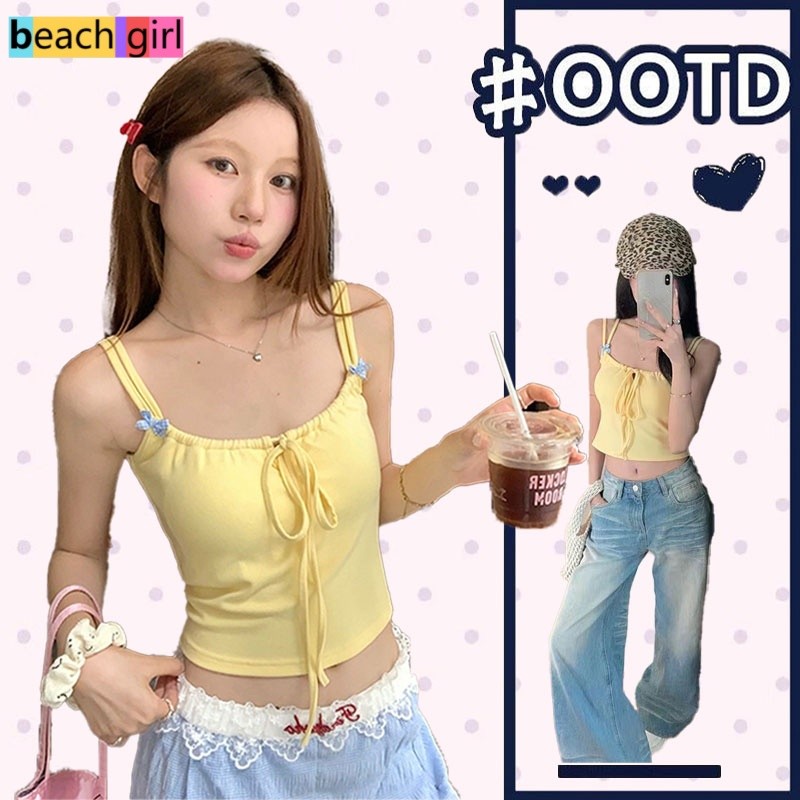 beach girl🏖️🏖️สไตล์หวานๆ เสื้อกล้าม สีพื้น tops แผ่นรองหน้าอก ดีไซน์แบบผูกเชือก โบว์ประดับ แฟชั่น อเนกประสงค์