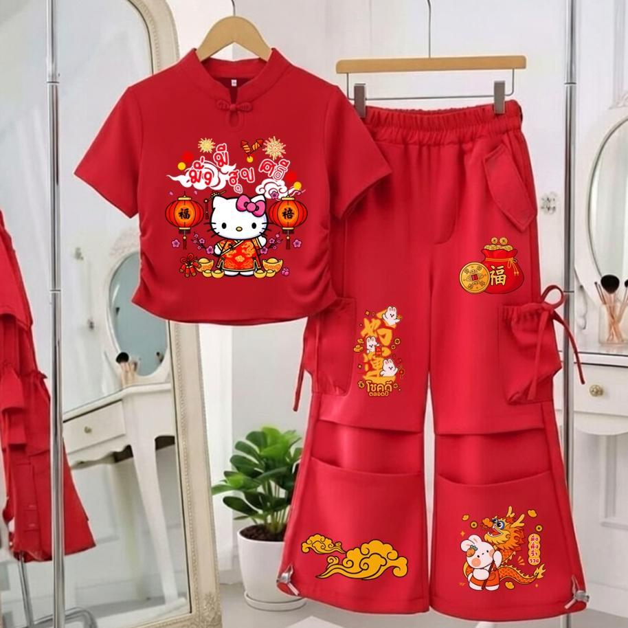 NEWชุดเซ็ทเด็ก2ชิ้น ลายการ์ตูนตรุษจีนลายสุดฮิต เสื้อคอจีนลายการ์ตูน+กางเกงคาร์โก้แต่งโบว์ สไตล์เกาหล