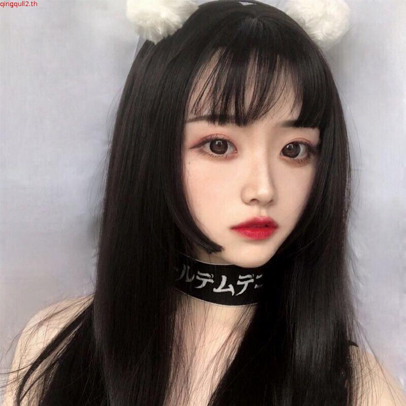XINPIN*High-End-cosUniversal Black Brown Hime Cut Fringe Princess Cut Long Straight Hair Natural Wig