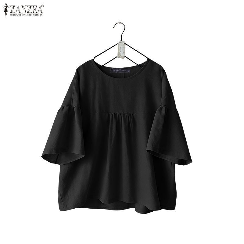 ZANZEA สำหรับผู้หญิงสไตล์เกาหลี สบายๆรอบคอ 3/4 แขน pleated sleeve ทำจากผ้าฝ้ายลินิน